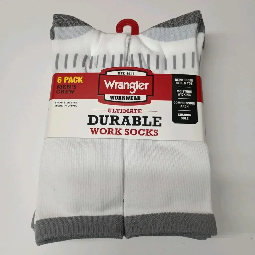 Wrangler 6 Pair Men Ultimate Durable Work Socks Sz 6-12 Reinforced Toe White New